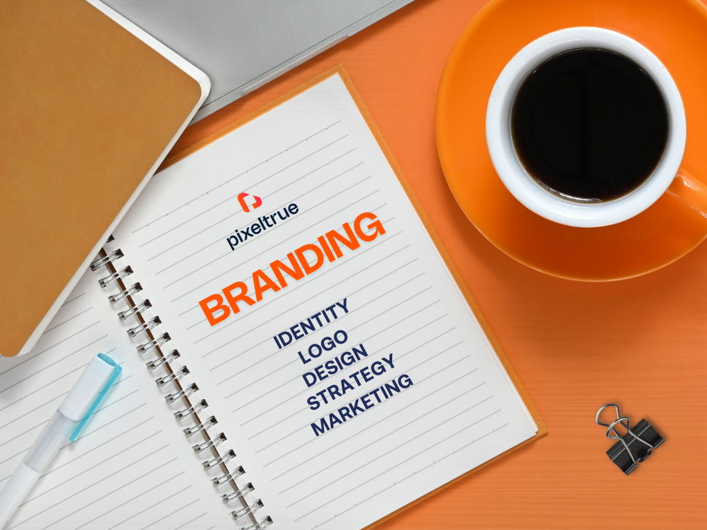 Phone showcasing buisness branding design needs with glasses and notebook sitting on a desk